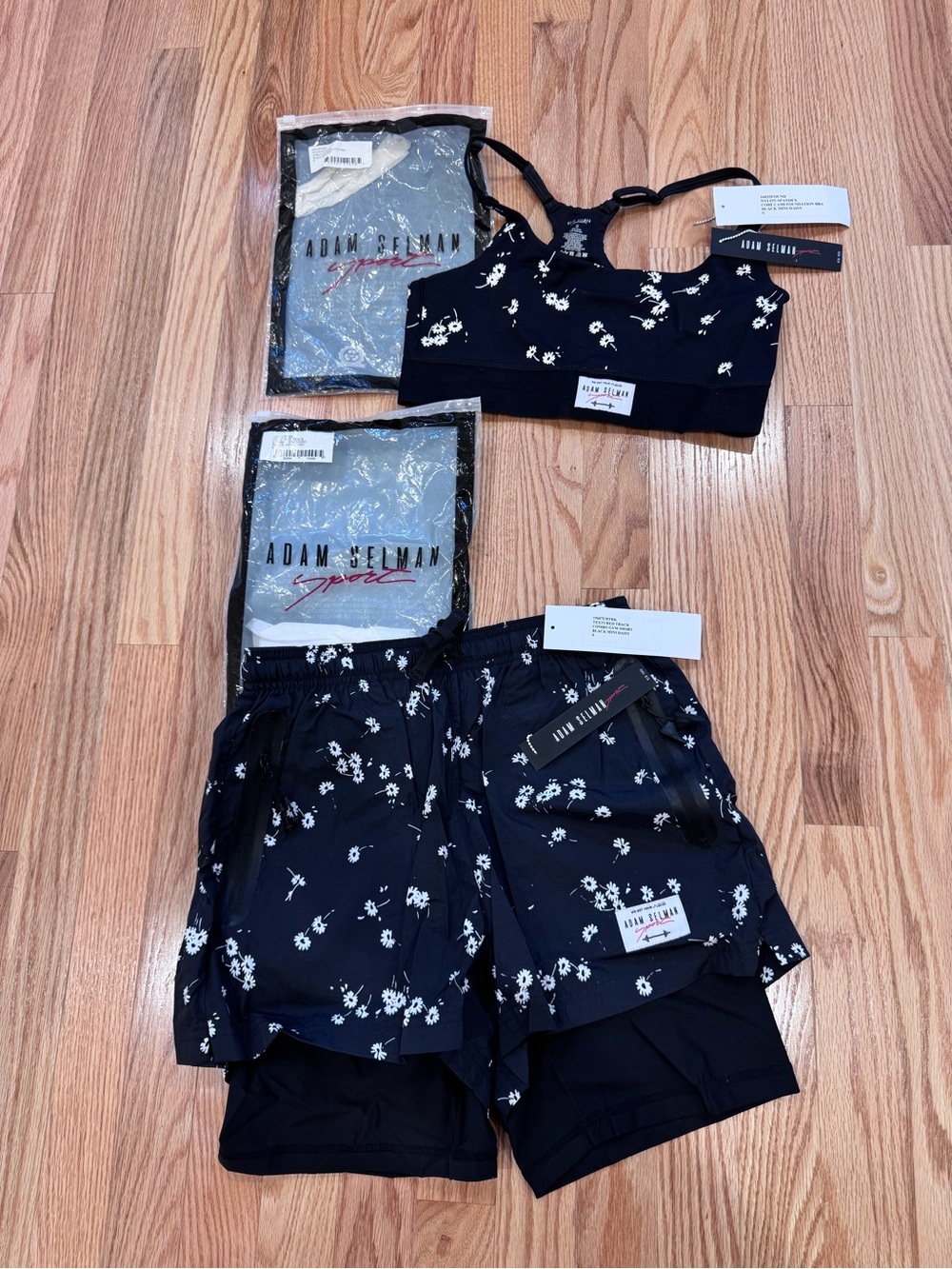 Adam Selman Sport Black Mini Daisy Cami Foundation Bra & Track Combo Gym Short
